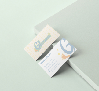 cleaning logo on the front of the business card called gleam with pastel colors and a broom sweeping sparkle of dust under the logo. Back Smaller Logo with clients business information. 
